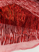 Zebra Stripe Glitter Fabric - Red - Glitter Design Zebra Lines on Lace Fabric By Yard
