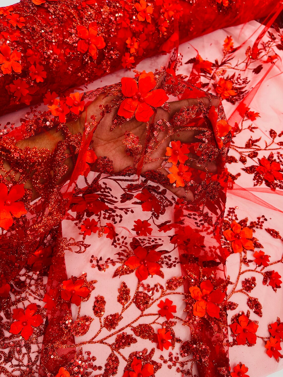 3D Flower Glitter Fabric - Red - Floral Glitter Sequin Design on Lace Mesh Fabric by Yard