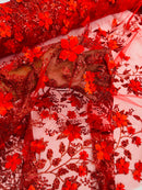 3D Flower Glitter Fabric - Red - Floral Glitter Sequin Design on Lace Mesh Fabric by Yard