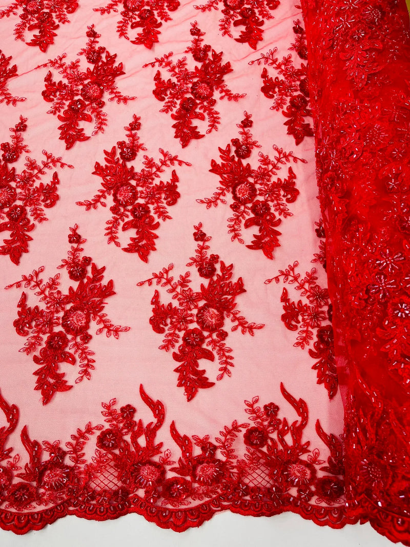 Beaded Flower Sequins Fabric - Red - Embroidered Beaded Floral Clusters Sequins Fabric By Yard
