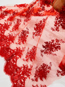 Floral Damask Lace Fabric - Red - Embroidered Damask Flowers on Lace Fabric By Yard