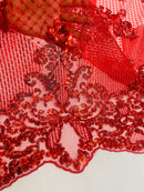 King Damask Design Fabric - Red - Embroidered Corded Mesh Lace Fabric with Sequins By Yard