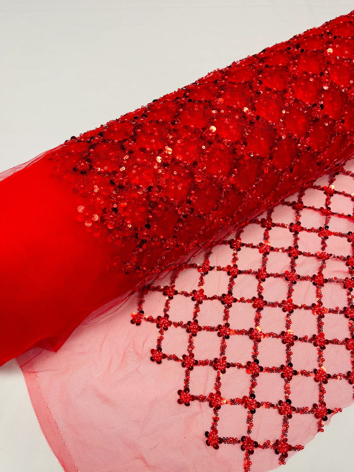 Beaded Diamond Net Fabric - Red - Embroidered Geometric Beaded Sequins Fabric Sold By Yard