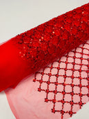 Beaded Diamond Net Fabric - Red - Embroidered Geometric Beaded Sequins Fabric Sold By Yard