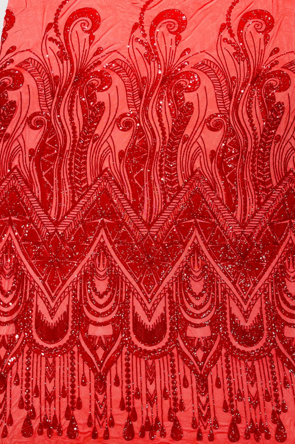 Zig Zag Design Sequins - Red - 4 Way Stretch Embroidered Zig Zag Sequins Lace Fabric By The Yard