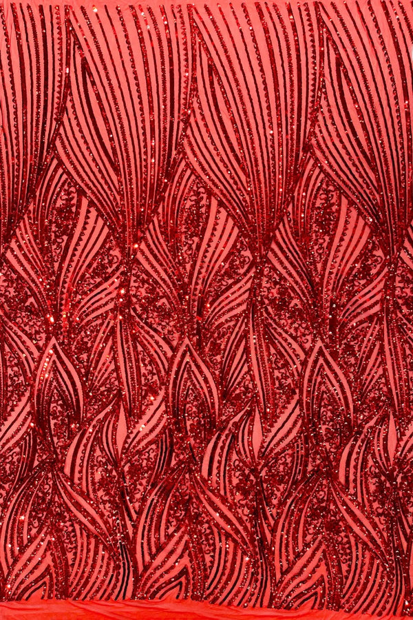 Curvy Line Design Fabric - Red - 4 Way Stretch Sequins Design Mesh Lace Fabric by Yard