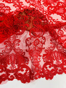 King Lace Pattern Fabric - Red - Embroidered Sequins on Lace Mesh Fabric By Yard