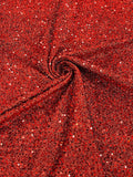 Sequins on Metallic Foil - Red  - 5mm Sequins Confetti 2Way Stretch Spandex Fabric by yard