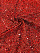 Sequins on Metallic Foil - Red  - 5mm Sequins Confetti 2Way Stretch Spandex Fabric by yard