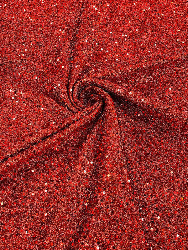 Sequins on Metallic Foil - Red  - 5mm Sequins Confetti 2Way Stretch Spandex Fabric by yard