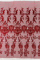 Damask on Net Lace Fabric - Red - Embroidered Lace Mesh Damask Design Fabric by Yard