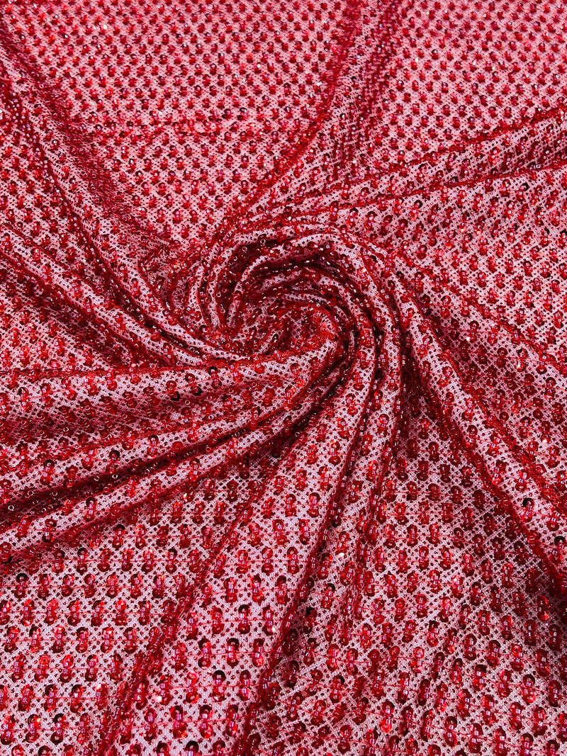 Beaded Glitter Tulle Fabric - Red - 60" Wide Shiny Glitter Mesh Fabric Sold By The Yard