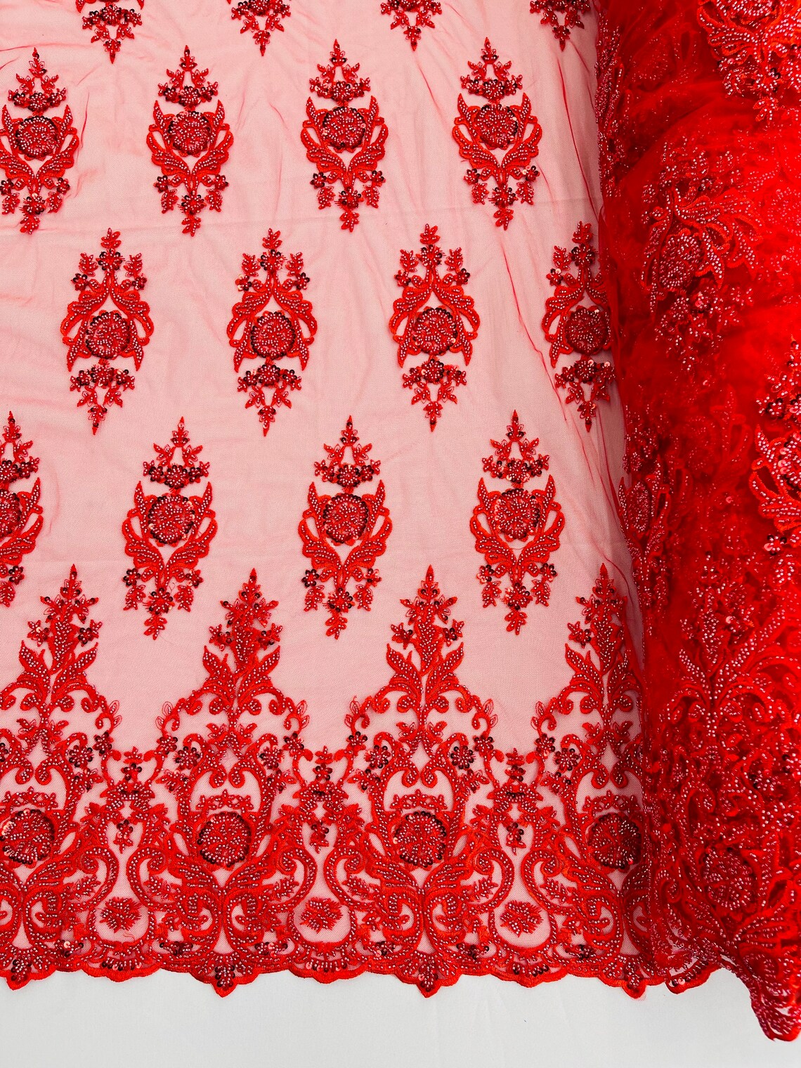 Floral Bead Embroidery Fabric - Red - Damask Floral Bead Bridal Lace Fabric by the yard