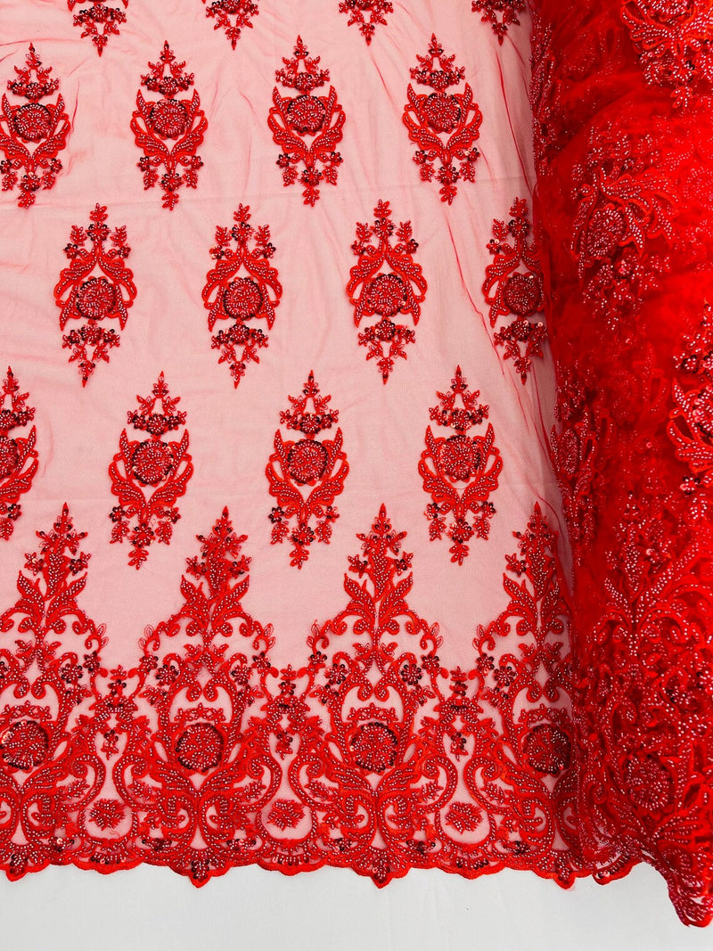 Floral Bead Embroidery Fabric - Red - Damask Floral Bead Bridal Lace Fabric by the yard