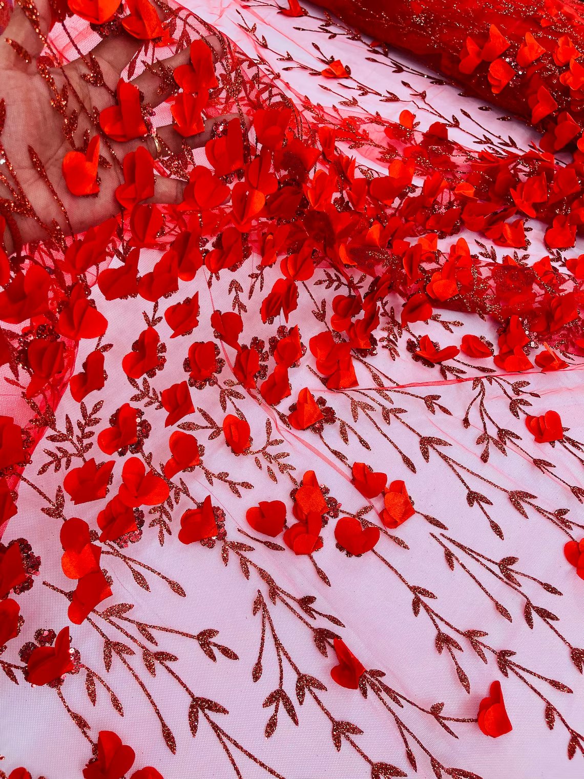 3D Flower Glitter Fabric - Red - Flower Design on Glitter Mesh Fabric Sold By Yard