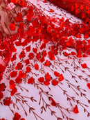 3D Flower Glitter Fabric - Red - Flower Design on Glitter Mesh Fabric Sold By Yard