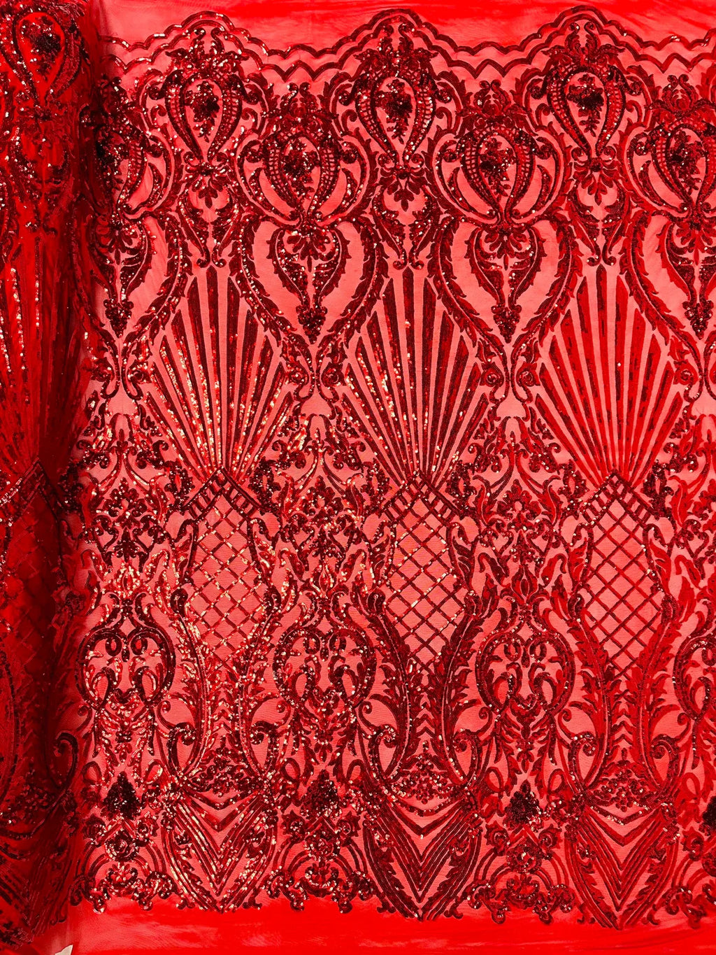 Damask Geometric Sequins - Red #2 - 4 Way Stretch Sequins Damask Pattern Design Sold By Yard