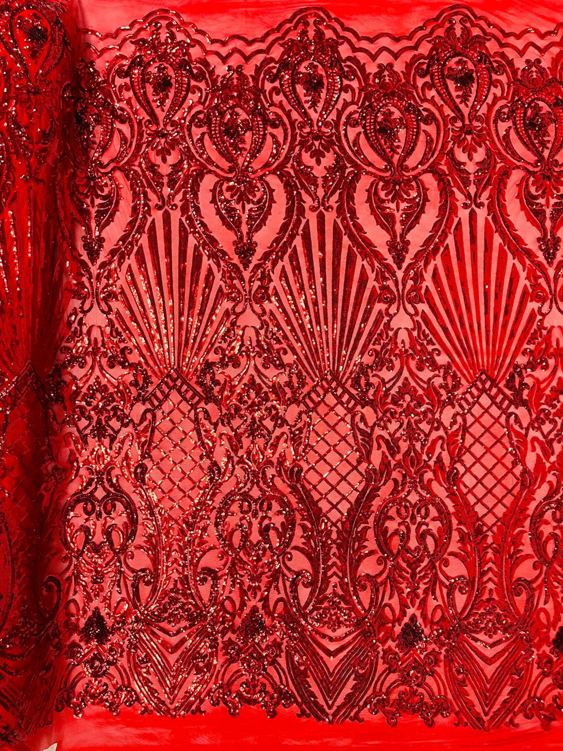 Damask Geometric Sequins - Red #2 - 4 Way Stretch Sequins Damask Pattern Design Sold By Yard