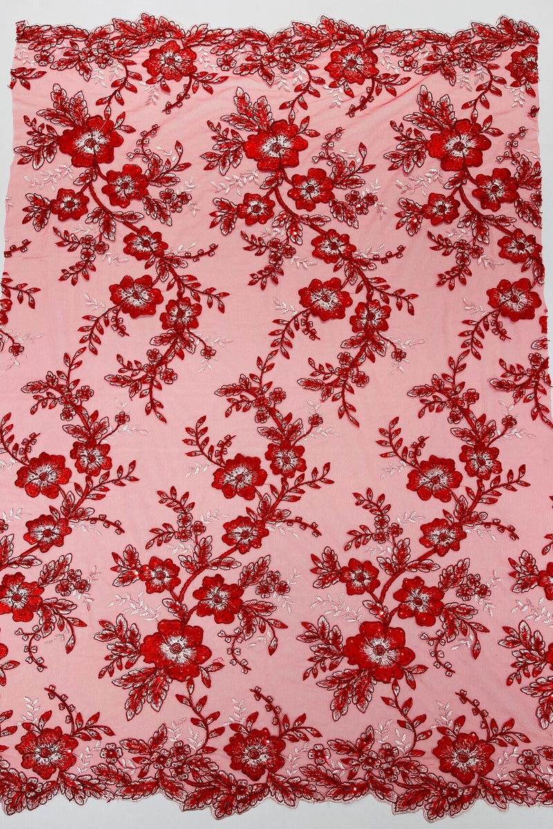 Two Tone Lace Floral Fabric - Red - Embroidered Flower Designs with Sequins on Lace Fabric Sold By Yard