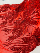 Wavy Leaf Sequins Fabric - Red - Wavy Lines and Leaves Design on Lace Mesh Fabric by Yard