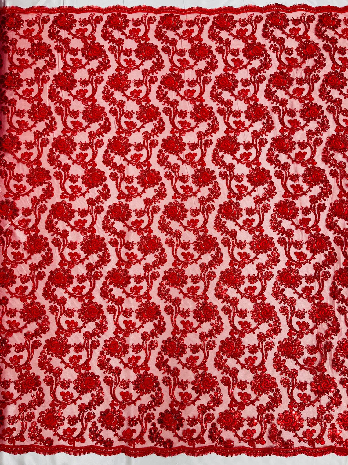Corded Sequins Flower Lace - Red - Corded Floral Lace With Sequins Sold By Yard