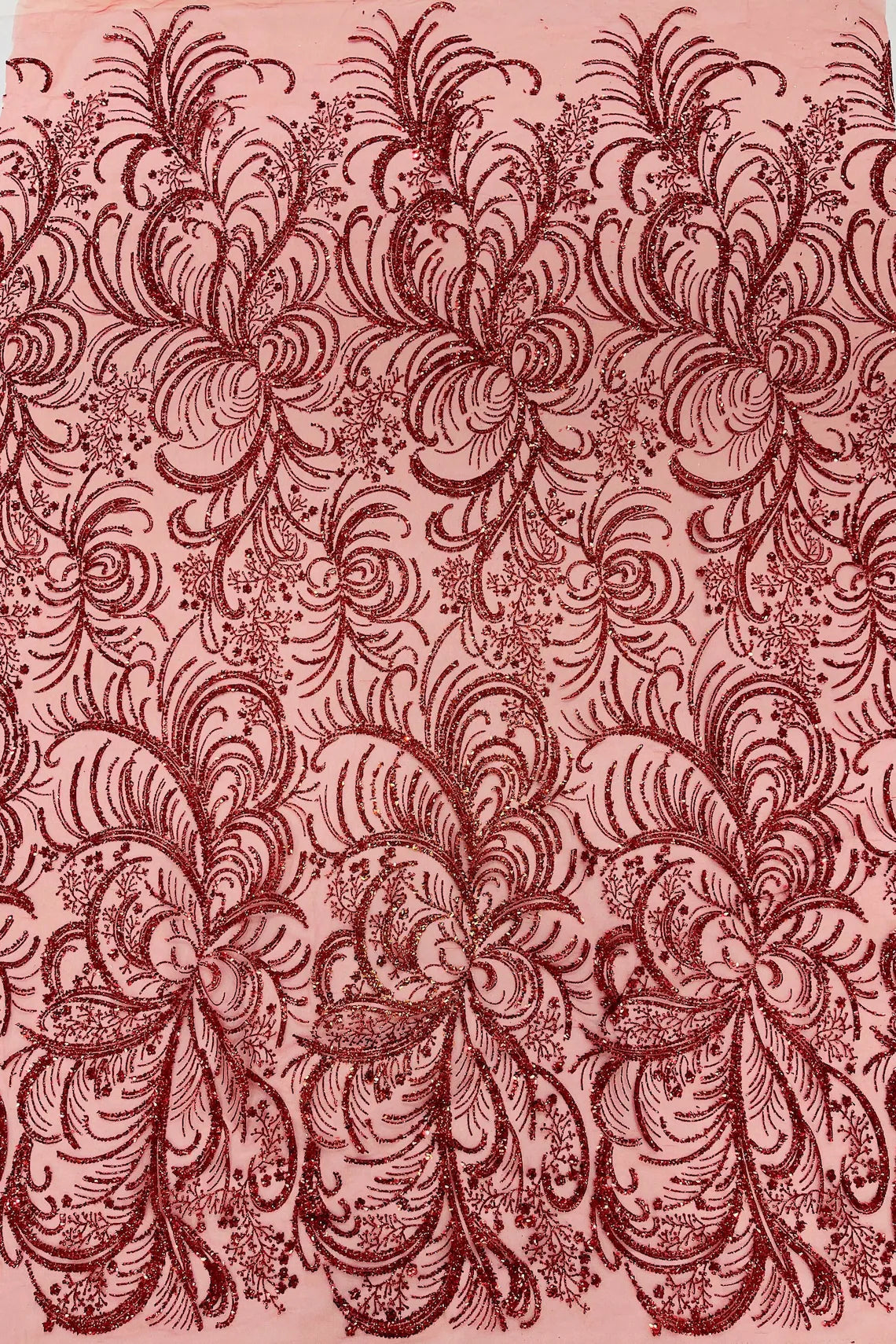 Glitter Palm Leaf Design Fabric - Red - Tulle Mesh Glitter Leaf Design Fabric Sold By Yard