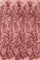 Glitter Palm Leaf Design Fabric - Red - Tulle Mesh Glitter Leaf Design Fabric Sold By Yard