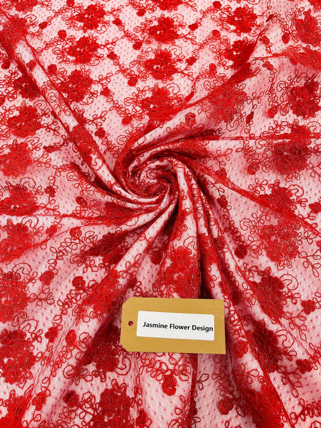 Embroidered Flower Fabric - Red - Floral Design Scalloped Border Fabric By Yard