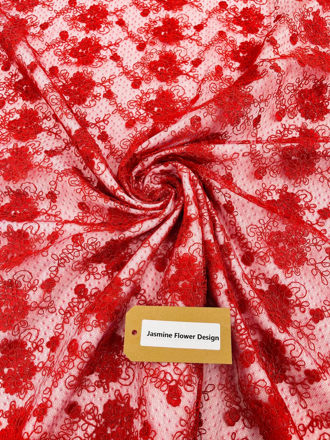 Embroidered Flower Fabric - Red - Floral Design Scalloped Border Fabric By Yard