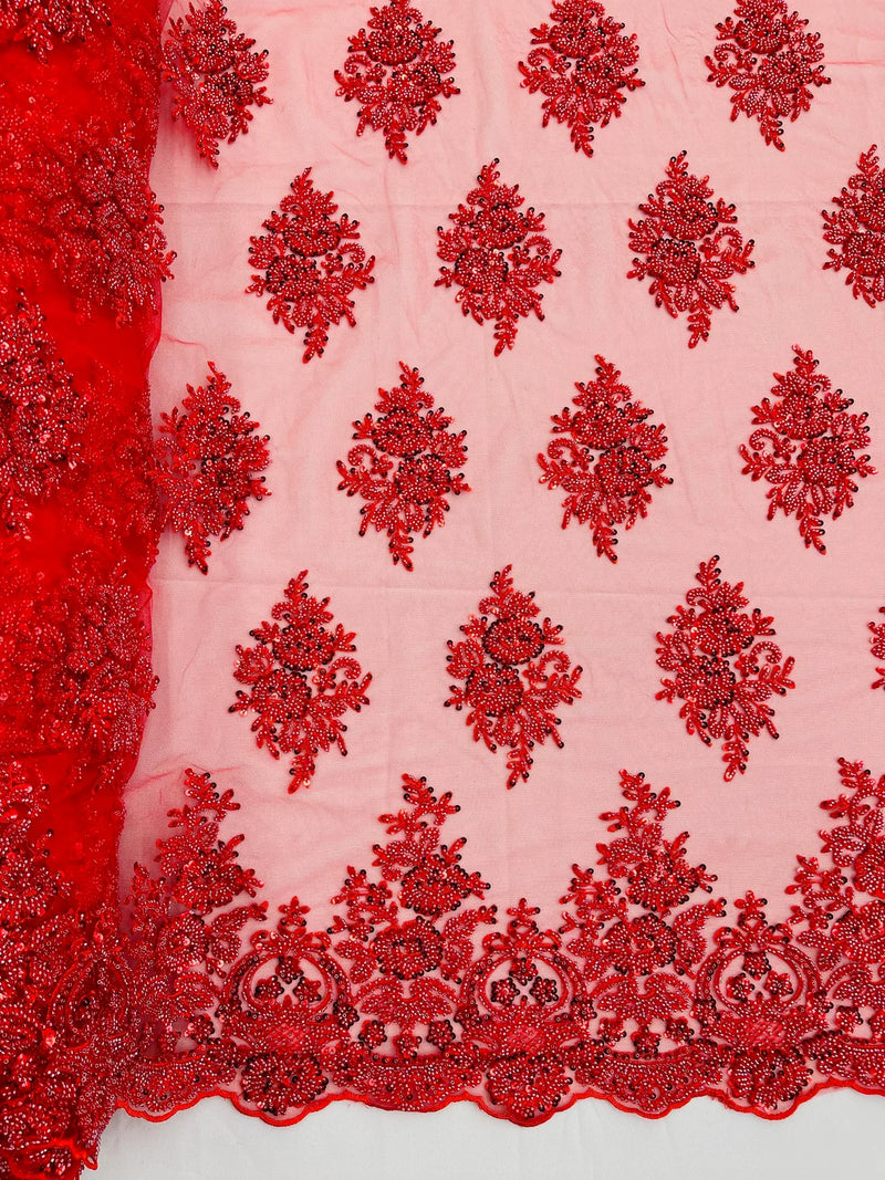 Heavy Beaded Floral Fabric - Red - Luxury Heavy Duty Bead Bridal Floral Cluster Lace Fabric by the yard