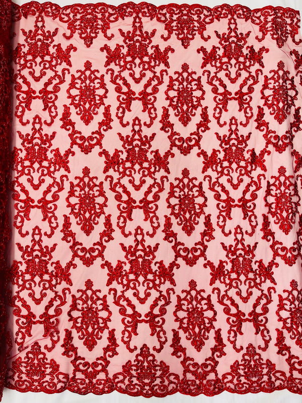 Butterfly Bead Sequins Fabric - Red - Damask Beaded Sequins Lace Fabric by the yard