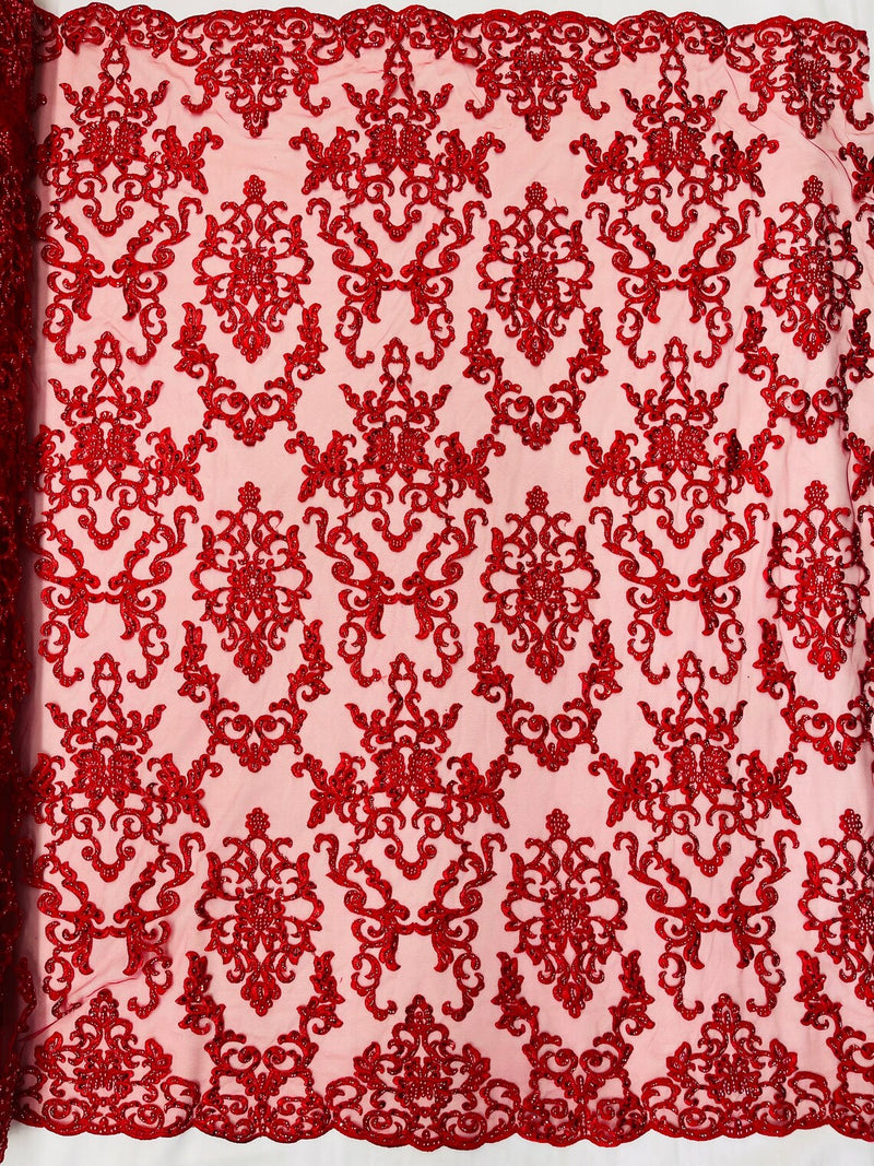 Butterfly Bead Sequins Fabric - Red - Damask Beaded Sequins Lace Fabric by the yard