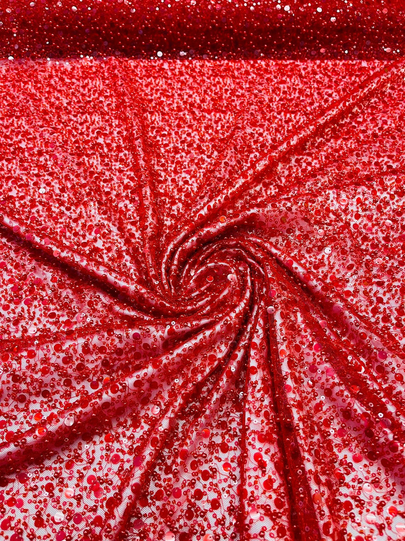 Heavy Duty Sequins Pearl Fabric - Red - Heavy Handmade Embroidery Lace with Sequins All Over By Yard