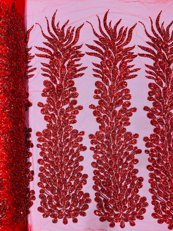 3D Beaded Peacock Feathers - Red - Sequins Embroidered Beaded Vegas Design On a Mesh Lace Fabric (Choose The Panels)
