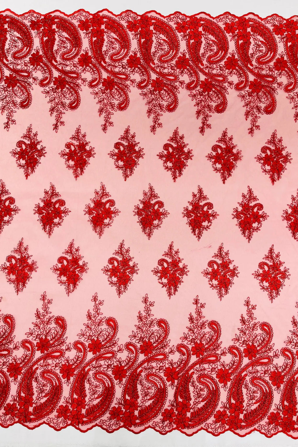 Metallic Corded Lace - Red - Paisley Floral Fabric with Metallic Thread on a Mesh Lace By Yard
