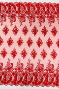 Metallic Corded Lace - Red - Paisley Floral Fabric with Metallic Thread on a Mesh Lace By Yard
