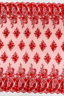 Metallic Corded Lace - Red - Paisley Floral Fabric with Metallic Thread on a Mesh Lace By Yard