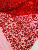 Beaded Floral Plant Design - Red - Embroidered Beaded Flower Plants Sequins Fabric By Yard