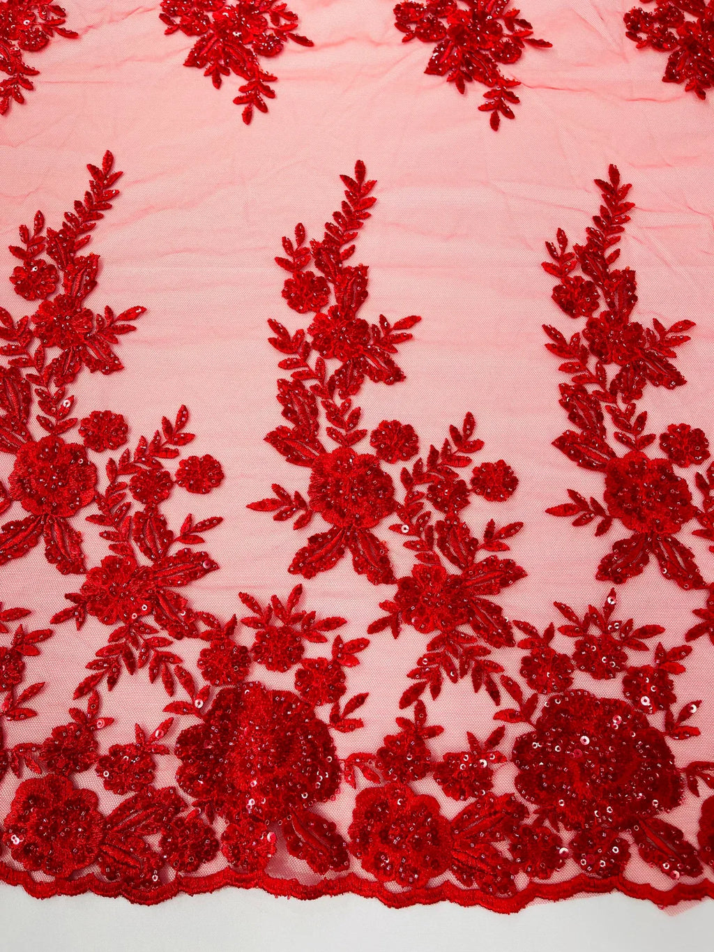 Beaded Rose Flower Fabric - Red - Embroidered Beaded Long Border Floral Fabric By Yard