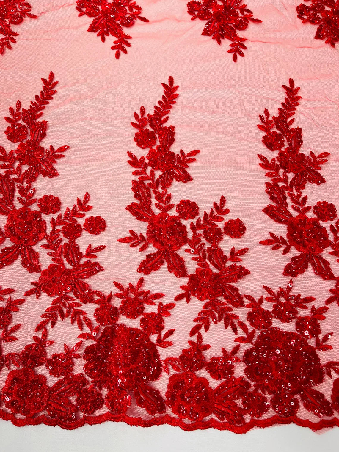 Beaded Rose Flower Fabric - Red - Embroidered Beaded Long Border Floral Fabric By Yard