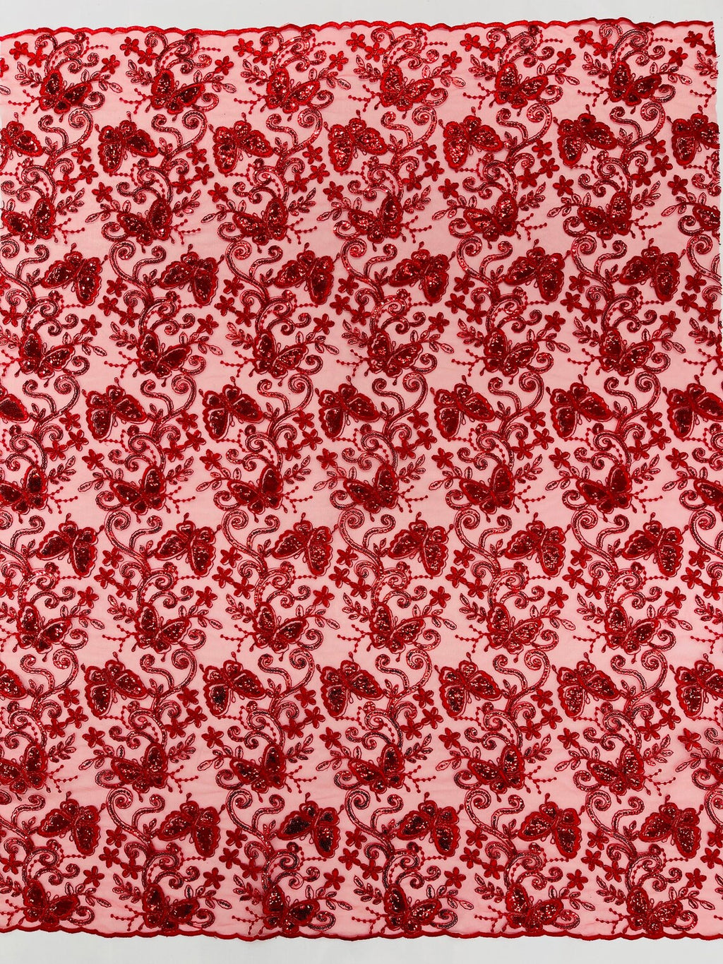 Butterfly Sequins Fabric - Red - Metallic Floral Butterfly Design on Lace Fabric By Yard