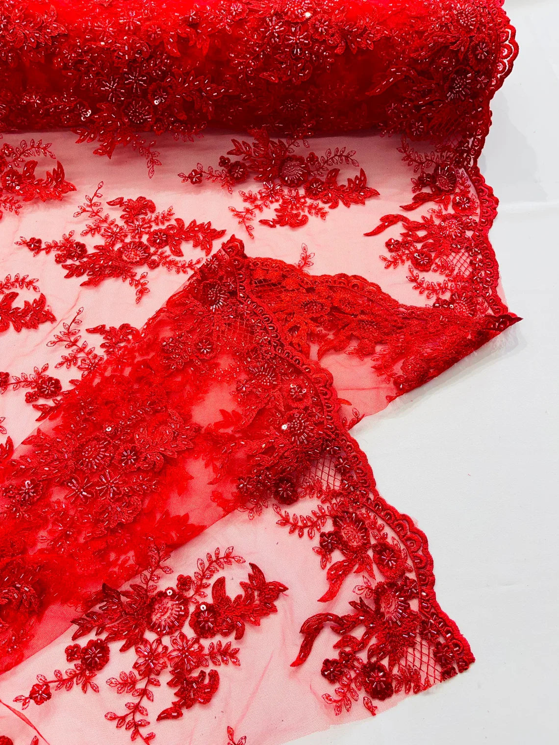 Beaded Flower Sequins Fabric - Red - Embroidered Beaded Floral Clusters Sequins Fabric By Yard