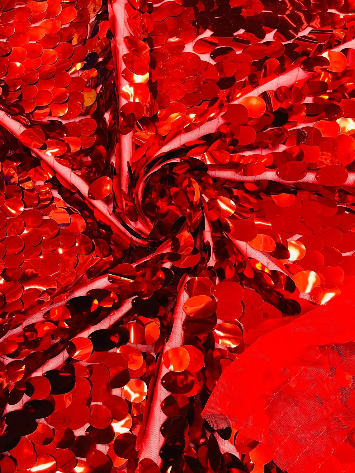 Jumbo Oval Sequins - Red - Paillette Big Oval Sequins Design Fabric By Yard