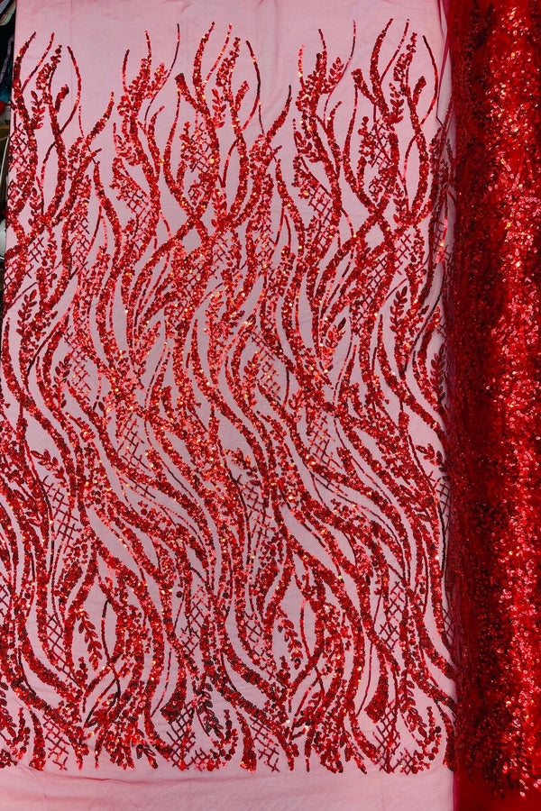 Floral Beaded Wavy Fabric - Red - Beaded Sequins Wavy Embroidered Fabric Sold By Yard