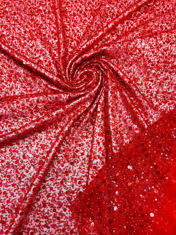 Heavy Duty Sequins Pearl Fabric - Red - Heavy Handmade Embroidery Lace with Sequins All Over By Yard