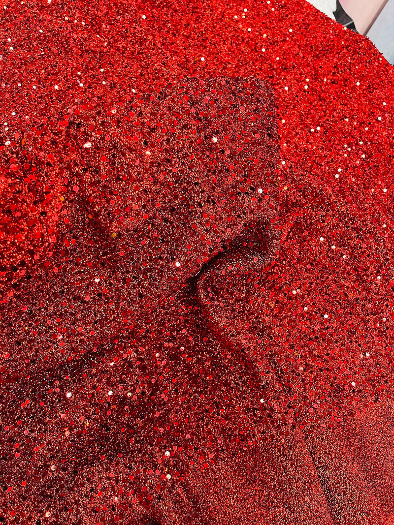 Sequins on Metallic Foil - Red  - 5mm Sequins Confetti 2Way Stretch Spandex Fabric by yard