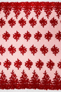 Corded Floral 3D Fabric - Red - Embroidered Floral Design on Lace Mesh Fabric by Yard