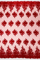 Corded Floral 3D Fabric - Red - Embroidered Floral Design on Lace Mesh Fabric by Yard