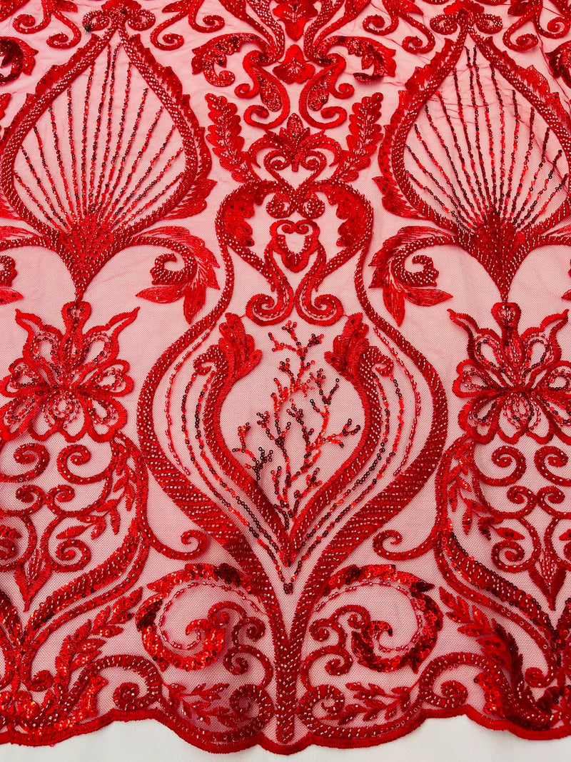 Damask Leaf Bead Fabric - Red - Heavy Beaded Embroidered Sequins Lace Fabric by Yard