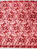 Floral Metallic Lace Fabric - Red - Corded Embroidered Floral Sequins Fabric by Yard